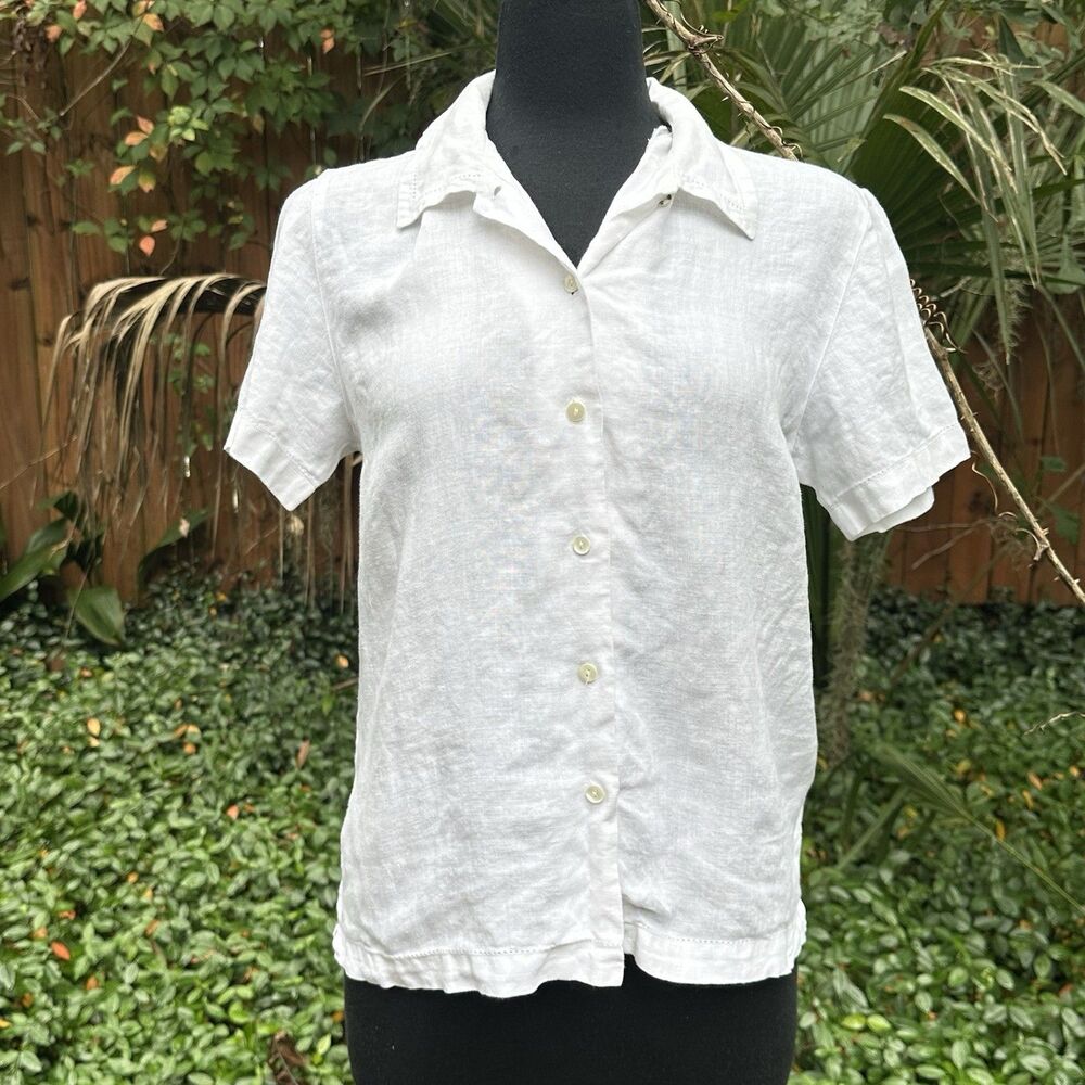 Talbots Pure Irish Linen White Short Sleeve Button Down Shirt Blouse 8